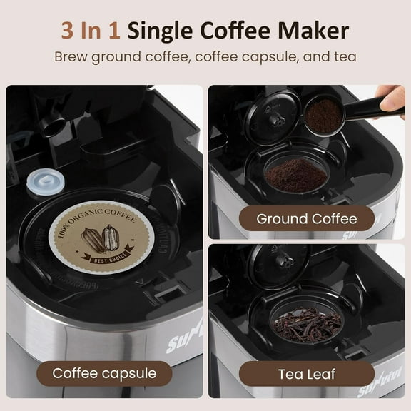 3-in-1 Single Serve Coffee Machine,Brewer for K-Cup Pods, Ground Coffee, and Teas, Brew Sizes 8 to 14oz, 30oz Removable Water Reservoir, 2 Cup Trays, Self-Cleaning Function - Black