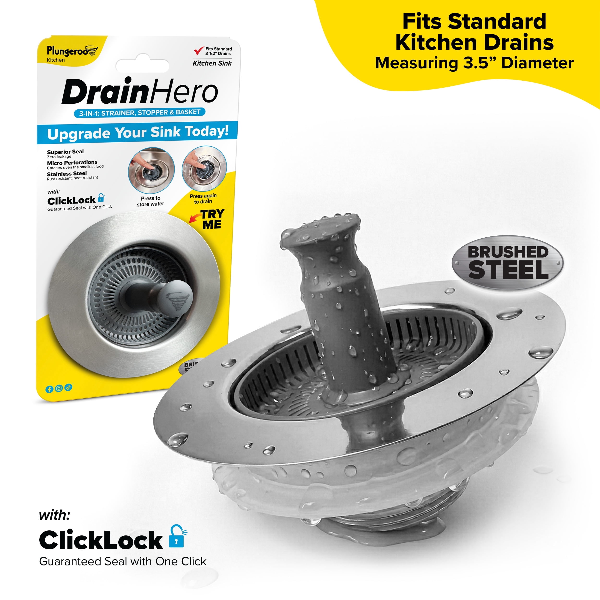 Drain Hero™ 3-in-1 Kitchen Sink Strainer, Stopper  Basket – Stainless Steel, Anti-Clog, Dishwasher Safe