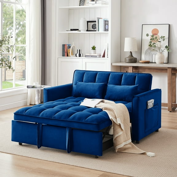 3 in 1 Sleeper ,55" Modern Velvet Convertible Pull Out Bed, Loveseat with 2 Toss Pillows and Adjustable Backrest for ,Blue