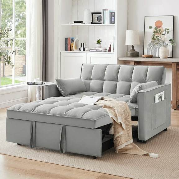 3 in 1 Sleeper ,55" Modern Velvet Convertible Pull Out Bed, Loveseat with 2 Toss Pillows and Adjustable Backrest for ,Gray