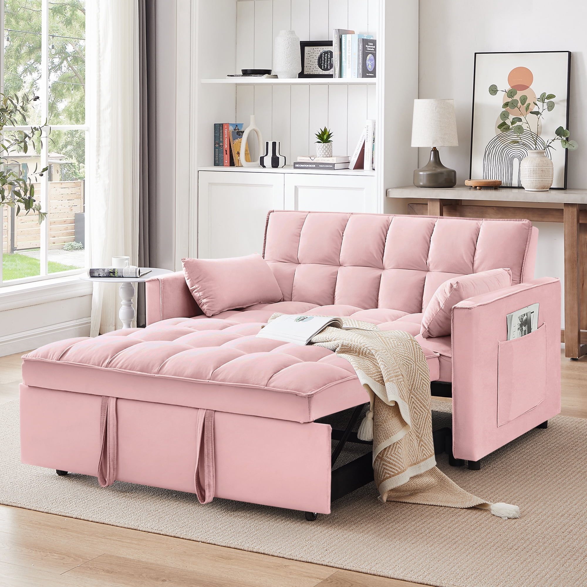3 in 1 Sleeper ,55" Modern Velvet Convertible Pull Out Bed, Loveseat with 2 Toss Pillows and Adjustable Backrest for ,Pink