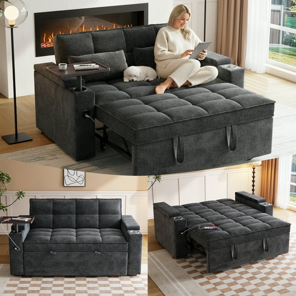 3-in-1 Sleeper Sofa,65" Loveseat Sofa Bed, 2 Seater Convertible Small Couch with 360° Swivel Side Table and USB,Chenille Pull Out Bed ,Black