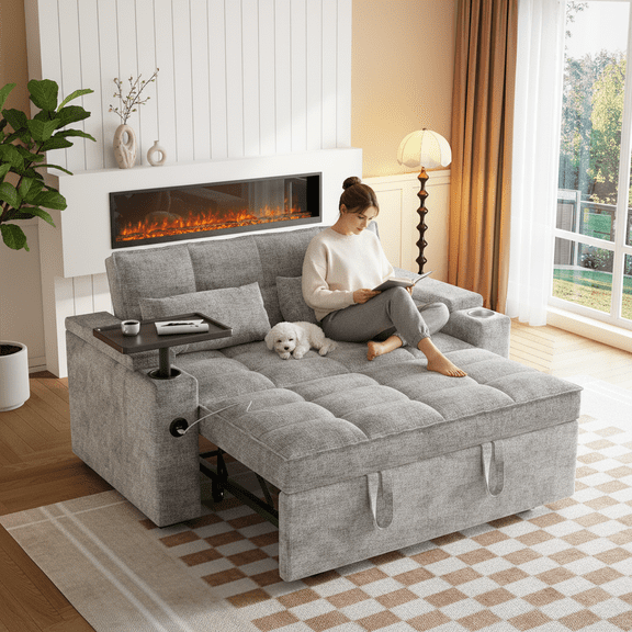 3-in-1 Sleeper Sofa,65" Loveseat Sofa Bed, 2 Seater Convertible Small Couch with 360° Swivel Side Table and USB,Chenille Pull Out Bed ,Gray