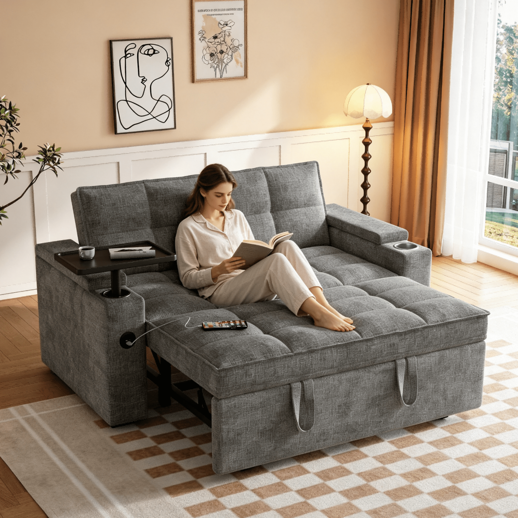 3-in-1 Sleeper Sofa,65" Loveseat Sofa Bed, 2 Seater Convertible Small Couch with 360° Swivel Side Table and USB,Chenille Pull Out Bed ,Gray