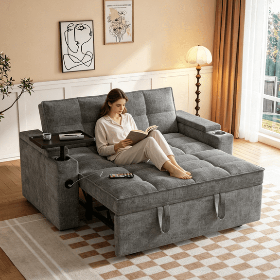 3-in-1 Sleeper Sofa,65" Loveseat Sofa Bed, 2 Seater Convertible Small Couch with 360° Swivel Side Table and USB,Chenille Pull Out Bed ,Gray