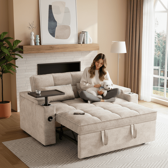 3-in-1 Sleeper Sofa,65" Loveseat Sofa Bed, 2 Seater Convertible Small Couch with 360° Swivel Side Table and USB,Chenille Pull Out Bed ,Khaki