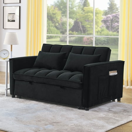 3-in-1 Sleeper Sofa Bed, Convertible Recliner with 3-Position Adjustable Backrest, 2-Seater Sectional with 2 Side Pockets & 2 Pillows for Living Room or Apartment, Velvet, Black, 54" Wide