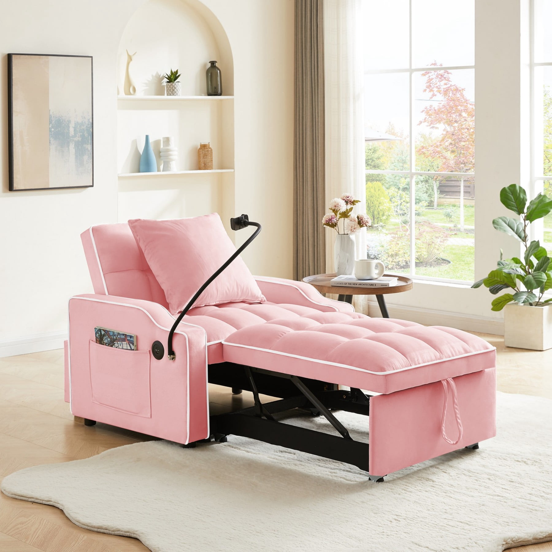 3-in-1 Sleeper Sofa Chair Bed with USB & Type-C, Adjustable Velvet Recliner Couch for Small Spaces, Pink