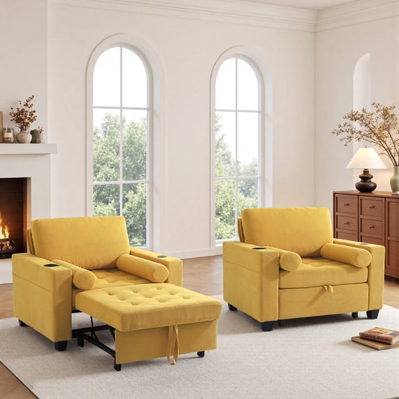 3-in-1 Sleeper Sofa Chairs Set of 2, Pull Out Sofa Bed Convertible Reclining Seat Upholstered Armchair, Adjustable Backrest Recliner Chair with Side Pockets, Cup Holder & USB Ports - Yellow