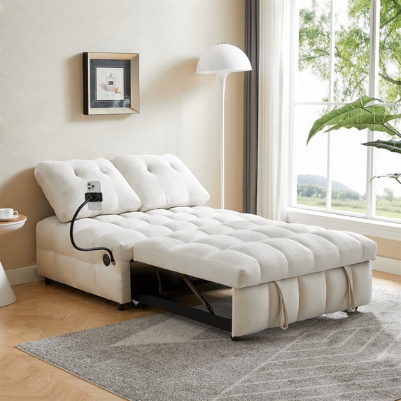 3 in 1 Sleeper Sofa Couch Bed, Velvet Convertible Loveseat Sleeper Sofa Bed with USB Port, Swivel Phone Holder, Removable Backrest for Living Room