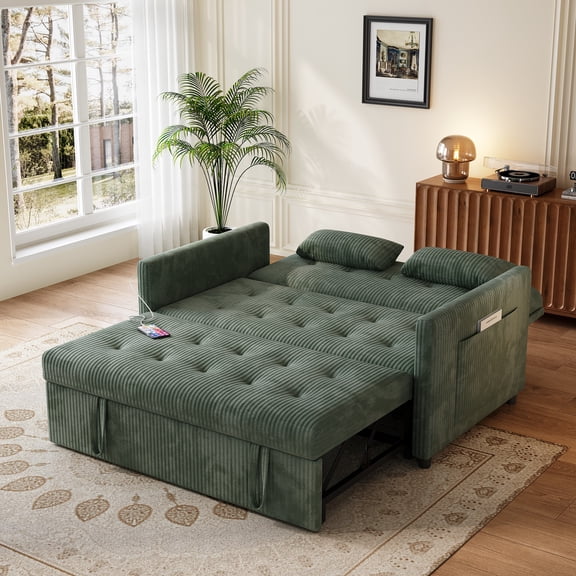 3-in-1 Sleeper Sofa,Loveseat Sofa Bed with Pull Out Bed,Modern 2-seater Convertible Corduroy Sofa with Side Pockets and USB, Green