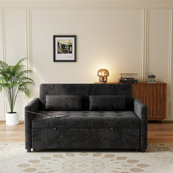 3-in-1 Sleeper Sofa with Pull Out Bed,Loveseat Sofa Bed,Modern 2 Seater Convertible Small Couch with Pockets and USB for Living Room Bedroom Apartment (Black, Corduroy)