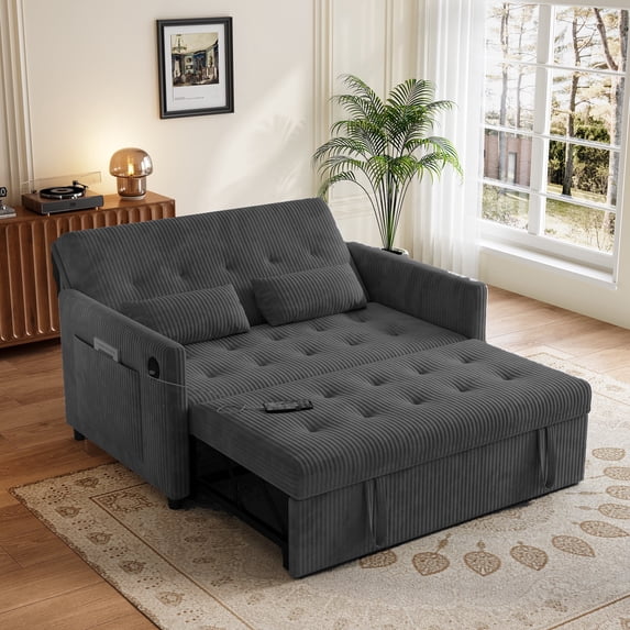 3-in-1 Sleeper Sofa with Pull Out Bed,Loveseat Sofa Bed,Modern 2 Seater Convertible Small Couch with Pockets and USB for Living Room Bedroom Apartment (Dark Gray, Corduroy)