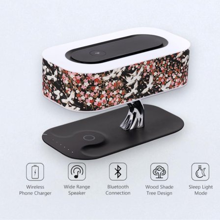 3-in-1 Smart Bedside Lamp with Wireless Charger, Bluetooth Speaker & Touch Dimming LED Light Black Crane Design, Adjustable Brightness, Sleep Mode, Perfect for Bedroom, Living Room, Office & Dorm
