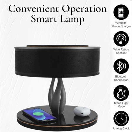 3-in-1 Smart Bedside Lamp with Wireless Charger, Bluetooth Speaker & Touch Dimming LED Light Colorful Nightstand Lamp with TWS Stereo Sound, Sleep Mode & Analog Clock for Bedroom, Living Room