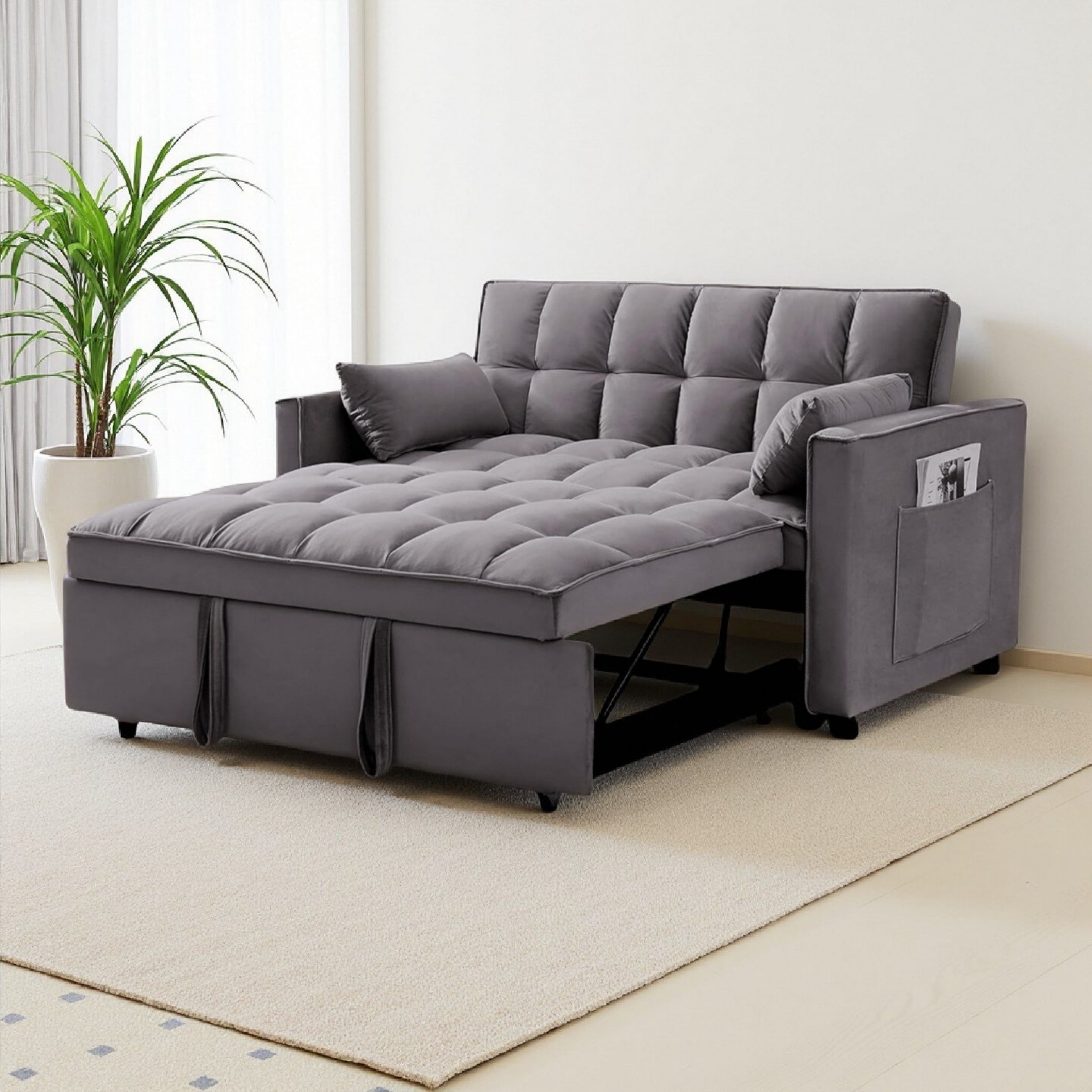 Vinform 55" 3 in 1 Convertible Sleeper Sofa Bed, Pull Out Loveseat Couch with Storage Pocket, Dark Gray