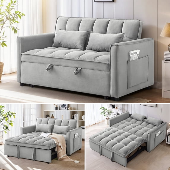 Anpport 3-in-1 Convertible Sleeper Sofa Bed, Pull-Out Loveseat Couch with Adjustable Back for Small Spaces, 55", Gray