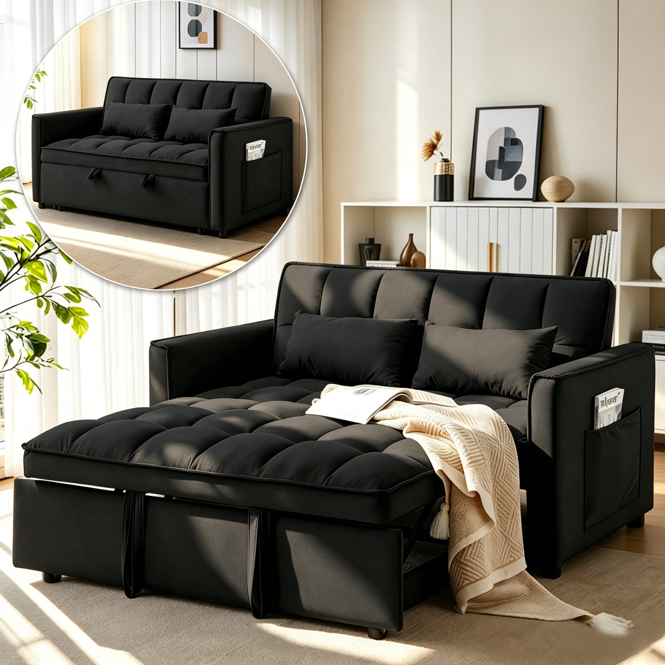 AISWORD Convertible Sofa Bed, 3 in 1 Pull Out Sleeper Loveseat Couch with Storage, Black
