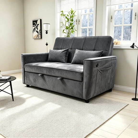 Vinform 3-in-1 Convertible Sleeper Sofa Bed, Loveseat for Small Spaces with Nailhead Trim, USB Ports, Gray