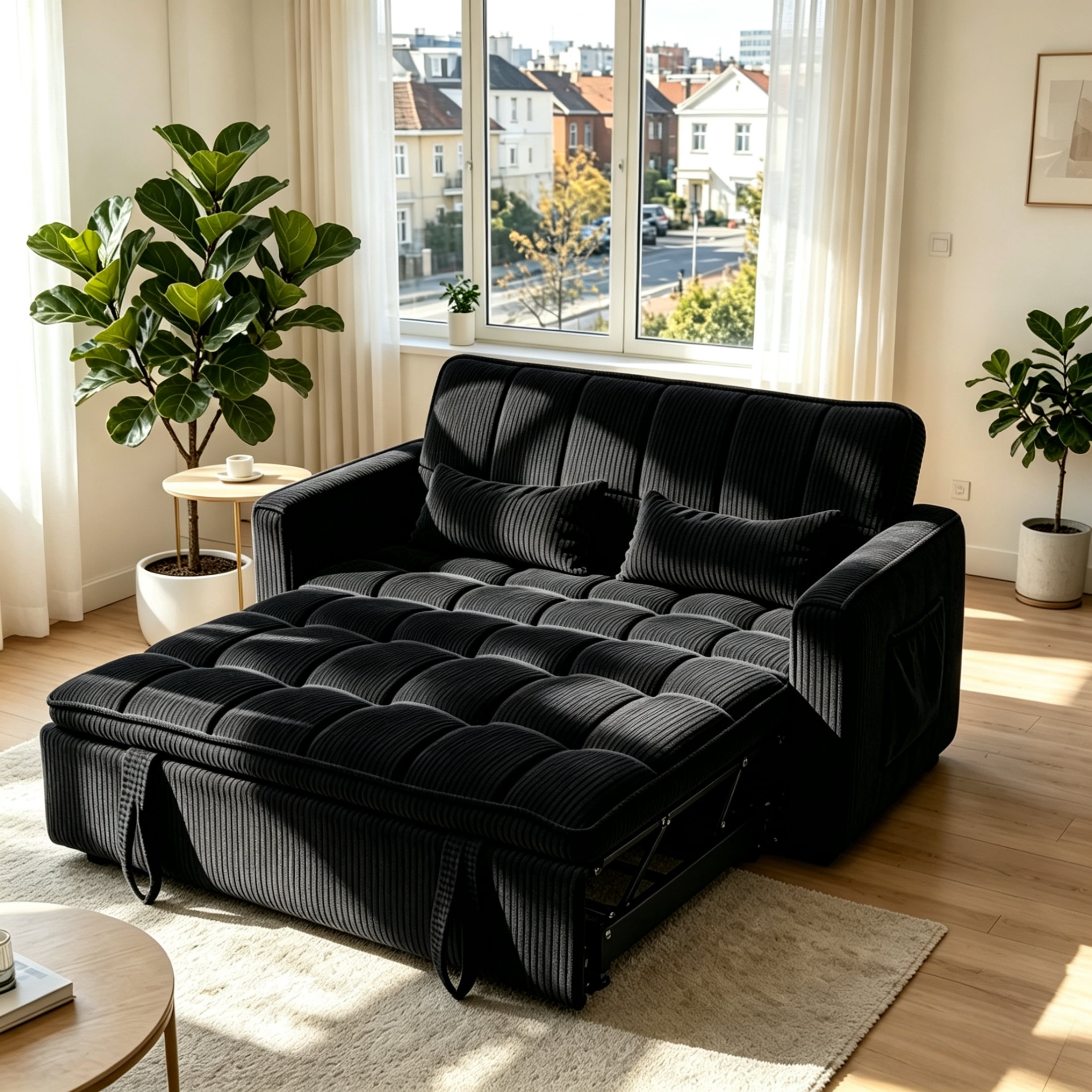 Anpport 55" Striped Corduroy Loveseat, Convertible Sleeper Sofa Bed for Small Spaces, Black