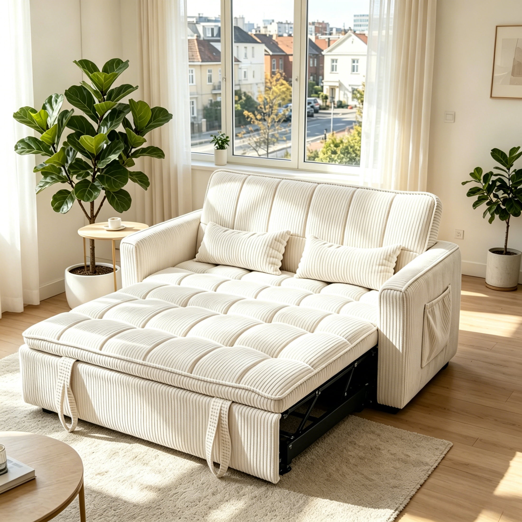 Anpport 55" Striped Corduroy Loveseat, Convertible Sleeper Sofa Bed for Small Spaces, Beige