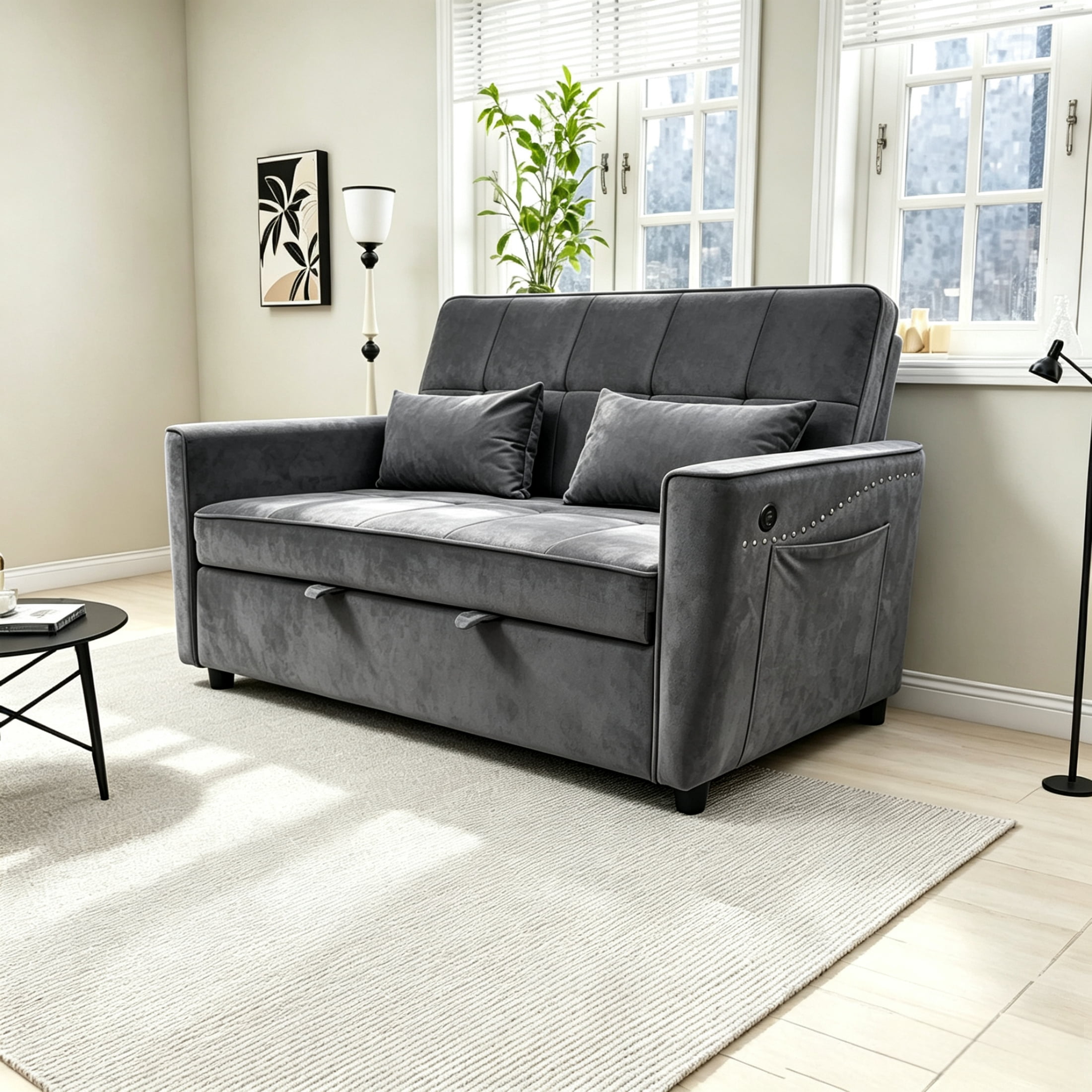 Vinform 3-in-1 Convertible Sleeper Sofa Bed, Loveseat for Small Spaces with Nailhead Trim, USB Ports, Gray