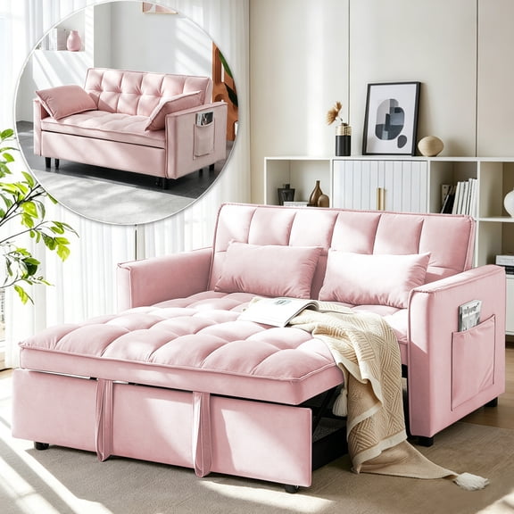 AISWORD 55" 3 in 1 Convertible Sleeper Sofa Bed, Pull Out Loveseat for Small Spaces, Pink