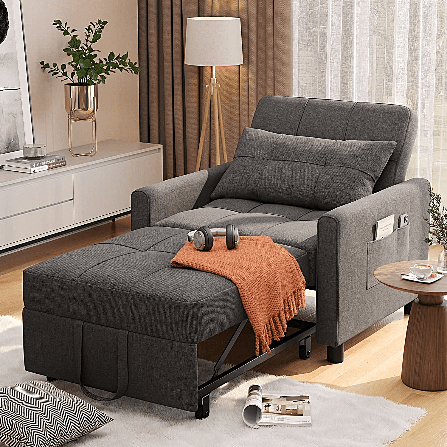 Aiho Convertible Sleeper Sofa Chair Bed with Pillow and Pocket, 3-in-1  Single Convertible, Adjustable, Multi-Functional with Modern Linen Fabric  for