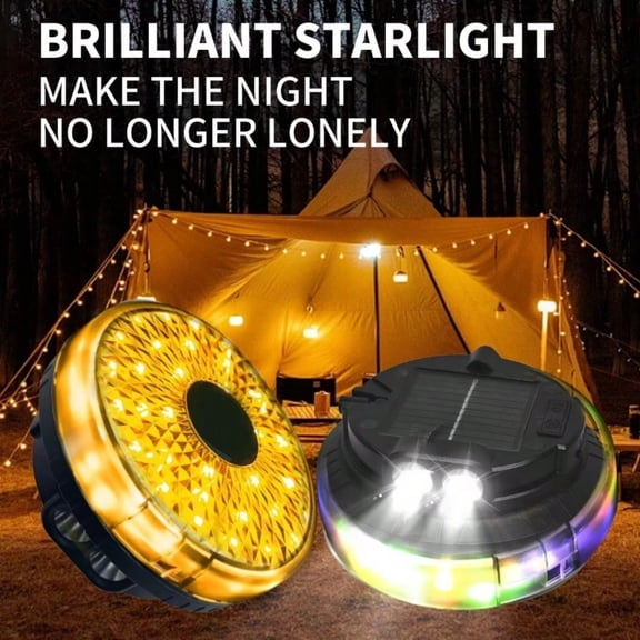 3-in-1 Solar Camping Lantern with 5M Pull Cord Fairy Lights, IP44 Waterproof Rechargeable Hanging Lantern with Dual-Core Spotlight & LED Floodlight for Outdoor Camping, Fishing, Backyard