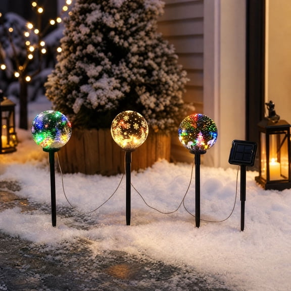 3-in-1 Solar Christmas Ball Stake Lights, Multicolor Xmas Pattern Globe Pathway Lights, Waterproof Outdoor Xmas Decor for Garden Lawn Yard Holiday