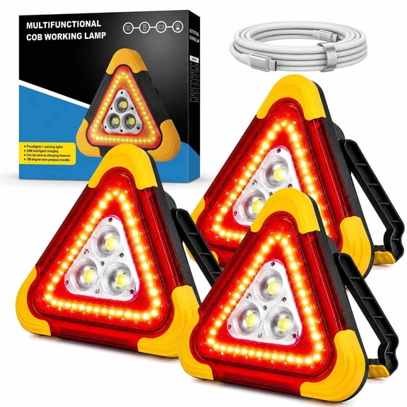 3-in-1 Solar Emergency Triangle Warning Light, Rechargeable Roadside Hazard Lights with 4 Flash Modes, IP65 Waterproof Reflective Triangles, for Car Truck RV Vehicle Roadside Emergencies