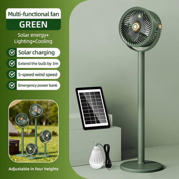 3-in-1 Solar Floor & Table Fan with Power Bank Function, 4 Adjustable Heights 5 Wind Speeds 360° Vertical Rotation USB Rechargeable Emergency Backup Fan for Bedroom Patio RV Indoor Outdoor