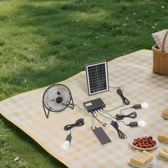 3-in-1 Solar Powered Fan and Light Kit with 4000mAh Power Bank, Portable Outdoor Cooling & Lighting Set for Camping, Emergency, Power Outage, Greenhouse, Includes 3 LED Bulbs, 12V Fan