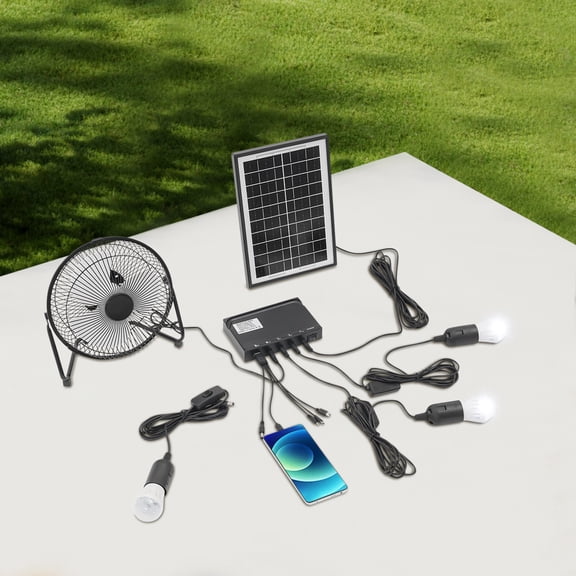 3-in-1 Solar Powered Fan and Light Kit with 4000mAh Power Bank, Portable Outdoor Cooling & Lighting Set for Camping, Emergency, Power Outage, Greenhouse, Includes 3 LED Bulbs, 12V Fan