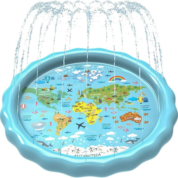 3-in-1 Splash Pad, Sprinkler for Kids and Baby Pool for Learning – Children’s Sprinkler Pool, 60’’ Inflatable Water Summer Toys – “Around The World” Outdoor Play Mat for Babies & Toddlers
