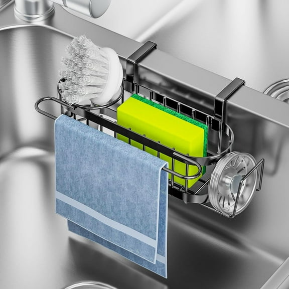3-in-1 Sponge Holder for Kitchen Sink Caddy (Hanging&Adhesive), Stainless Steel Movable Brush Holder + Dish Cloth Hanger, Hanging Sink Caddy Organizer, in Sink Organizer Accessories Rack