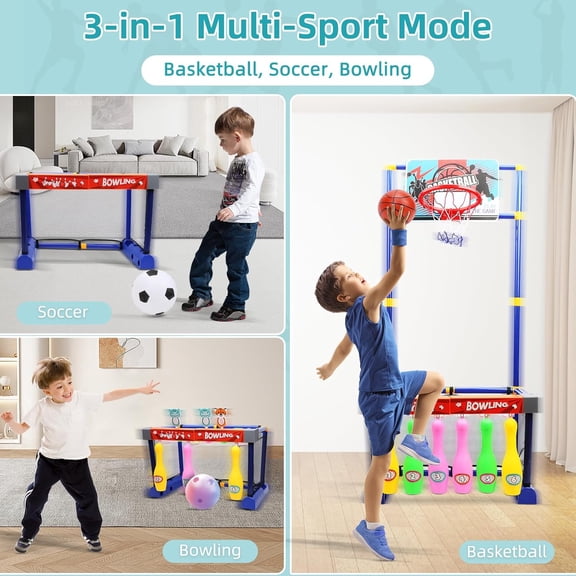 3-in-1 Sports Toy for Kids: Movable Basketball Hoop Bowling and Soccer Goal - Skills Training Set for Kids Age 3-8 Indoor Outdoor Backyard - Birthday Gifts for Boys Girls