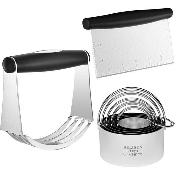 3-in-1 Stainless Steel Baking Tools Set: 5 Biscuit Cutters, Dough Blender & Pastry Scraper with Non-Slip Grip, Measurement Marks & Gift Packaging