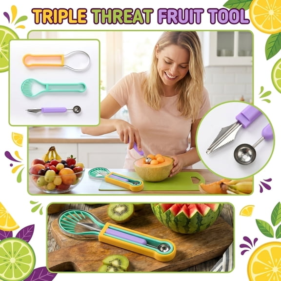 3-in-1 Stainless Steel Fruit Carving Tool Set, Nesting Melon Baller, Slicer, and Scoop for Watermelon, Cantaloupe, Fruit Salad, and Dessert Decoration (Yellow/Green/Purple)