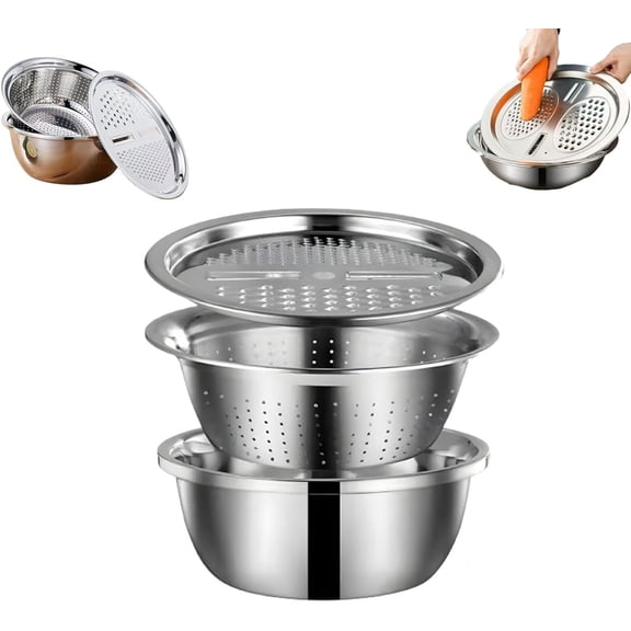 3-in-1 Stainless Steel Multi-Functional Strainer Set, Shredding & Drainage Chopping Basin with Colander & Grater for Kitchen