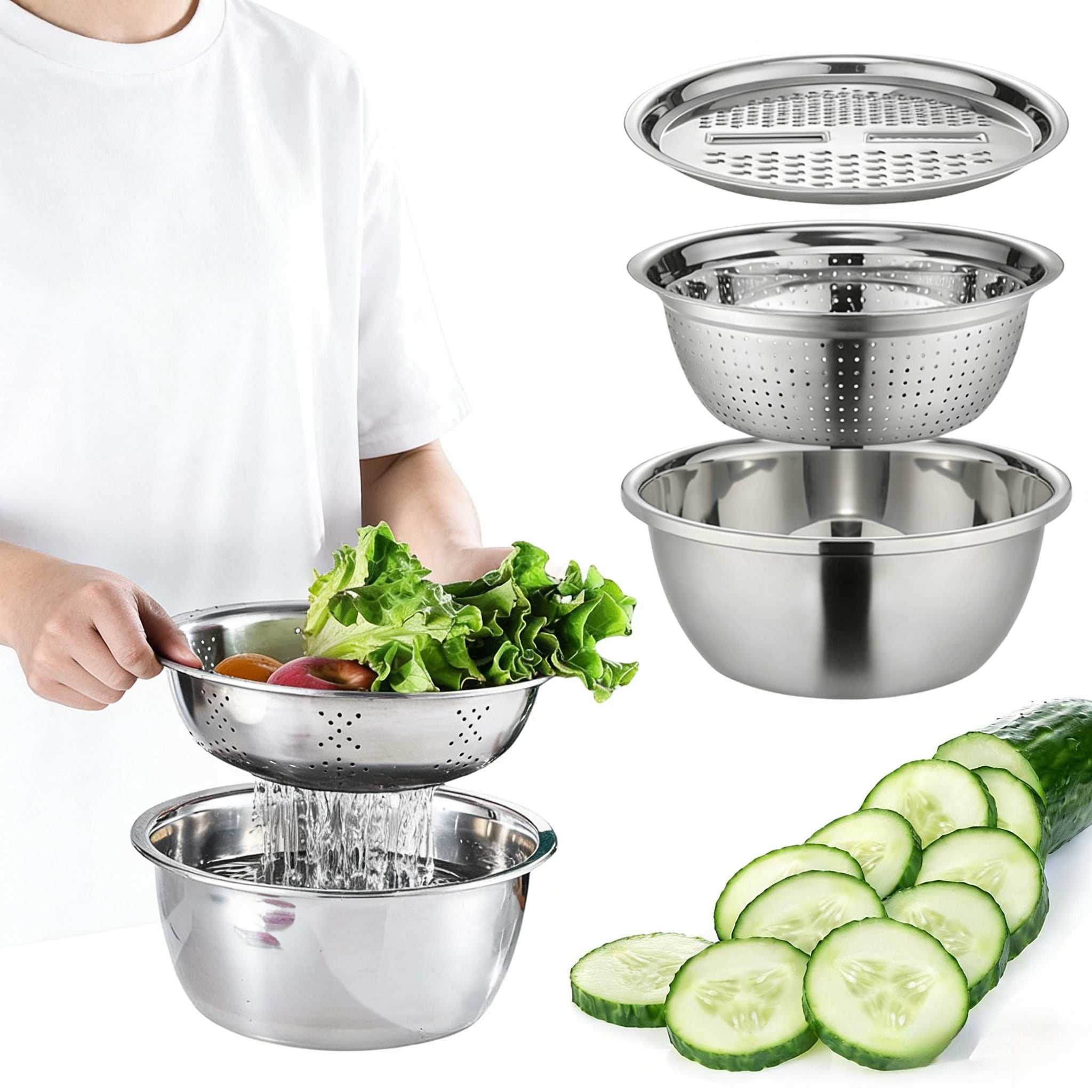 3-in-1 Stainless Steel Multi-Functional Strainer Set, Shredding ...