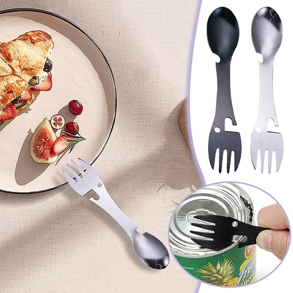 3-in-1 Stainless Steel Multi-Tool - Fork, Spoon & Can Opener Set, Portable Outdoor Camping Utensils, Compact Kitchen & Travel Essential(Black)