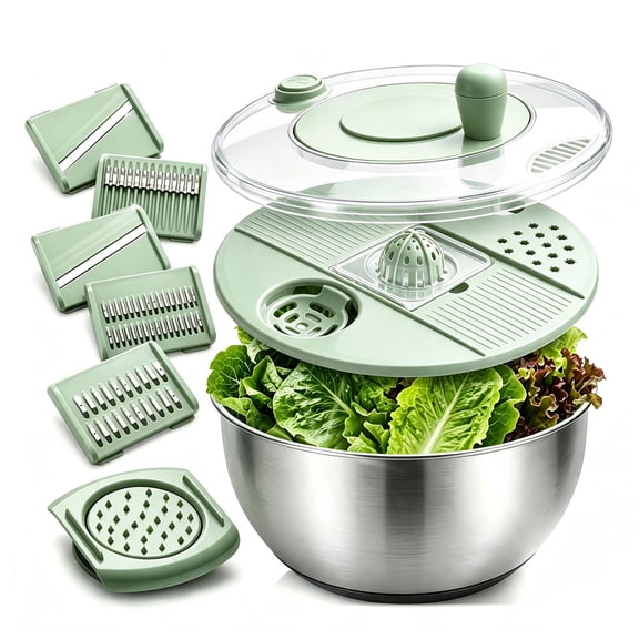 3-in-1 Stainless Steel Salad Spinner,Vegetable Lettuce Spinner with 5 Blades, Vegetable Dryer, Non-Slip Base, Stop Button, Vegetable Fruits Chopper Bowl 5L Capacity with Egg Yolk Strainer