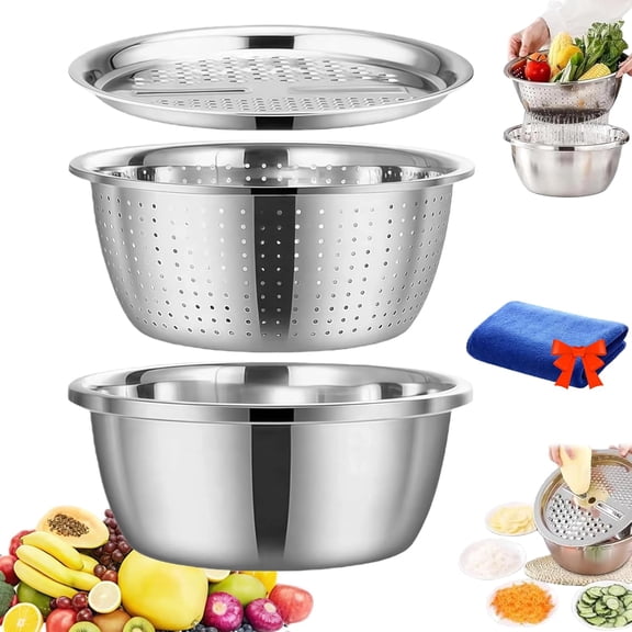 3 in 1 Stainless Steel Shredding and Drainage Chopping Basin, 304 Stainless Steel Lettuce Shredder Machine, Insulated Salad and Dipping Bowl