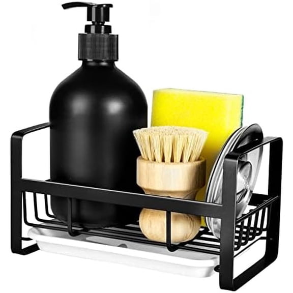 3-in-1 Stainless Steel Sink Caddy - Sponge, Brush & Soap Dispenser Holder, Adhesive or Freestanding Use for Kitchen Countertop, Rustproof (Black)
