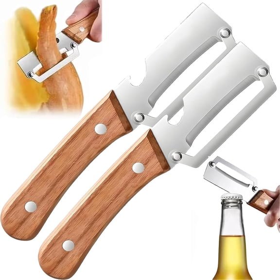 3-in-1 Stainless Steel Vegetable Peeler with Wooden Handle, Adjustable Slicer and Julienne for Potato, Zucchini, Cucumber