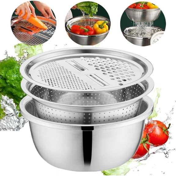 3 in 1 Stainless Steel Vegetable Slicer Grater Strainer Drain Basket Multipurpose Chopping Basin Stackable