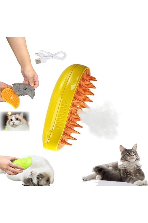 3-in-1 Steamy Cat Brush, BunnyPony Cat and Dog Grooming Brush, Pets Steamy Brush, Self Cleaning Steam Cat Brush, Pet Massage Comb(Yellow)
