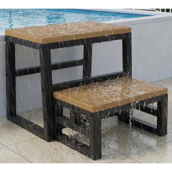 3-in-1 Step Stool for Adults Kids, Waterproof Heavy Duty Bed Step with Small Stackable Chair, All Weather Compact Portable Foot Stool for Kitchen Bathroom Bedroom Indoor Outdoor, Rustic Brown