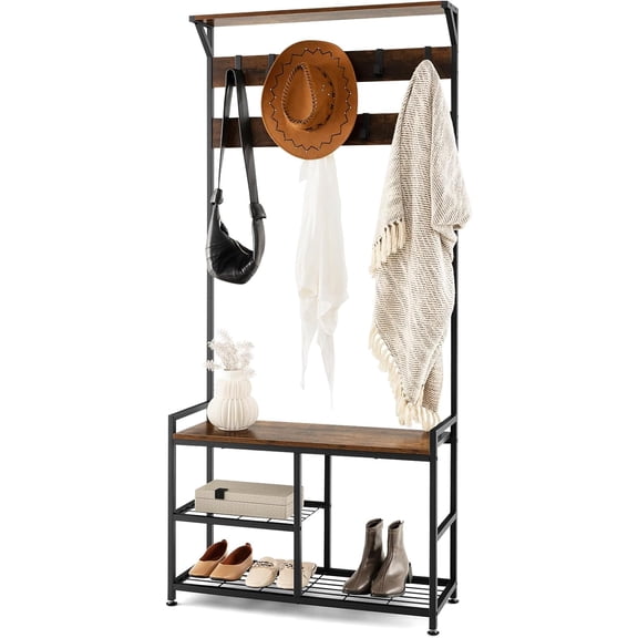 3-in-1 Storage Benches Coat Rack with Storage Shelf & 9 Movable Hooks, Industrial Hall Tree with Shoe Bench, Anti-Tipping Device, Shoe and Coat Rack for Entryway Living Room Bedroom, Brown